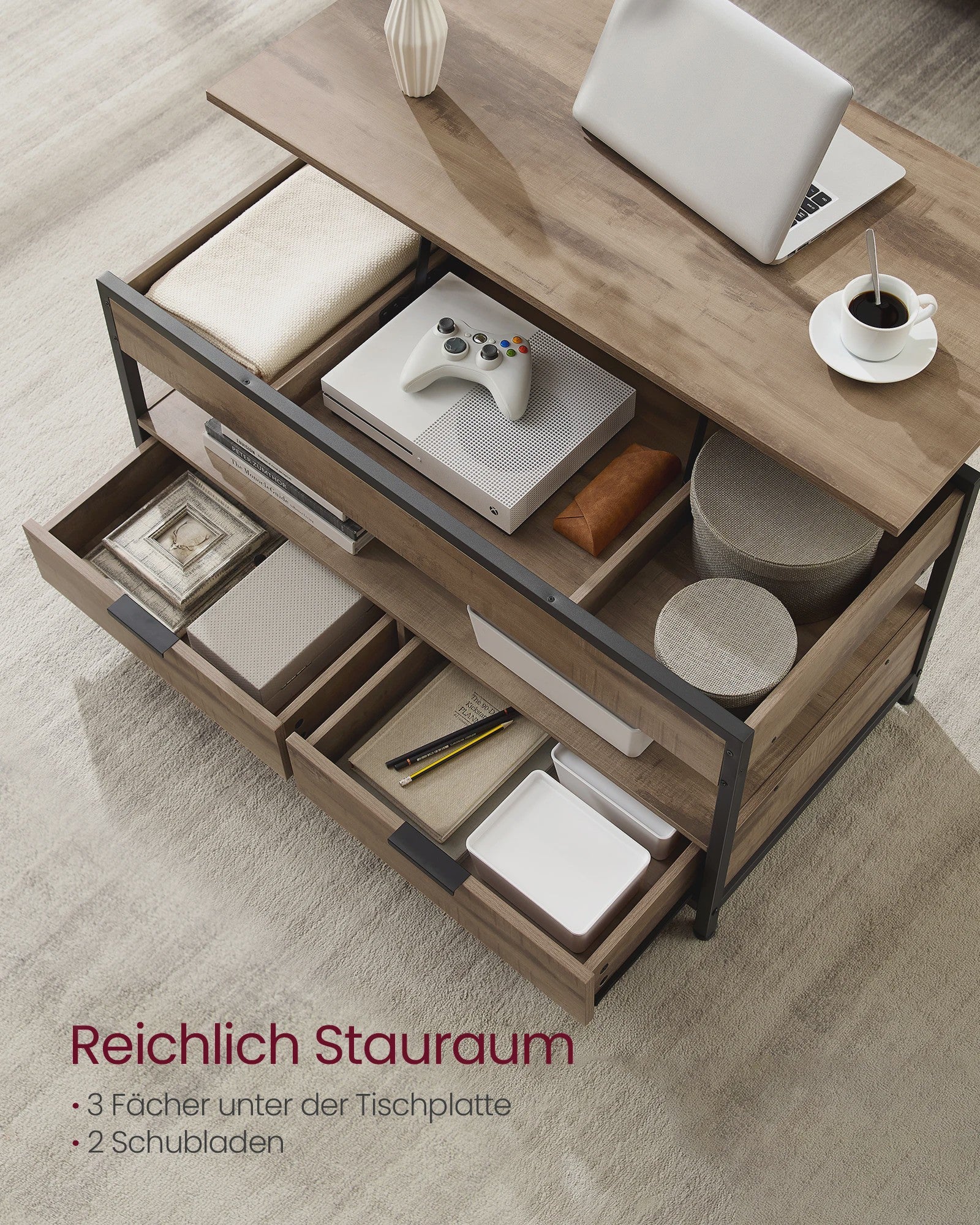 Verstelbare Salontafel met Lade en Open Vak - 100x50cm