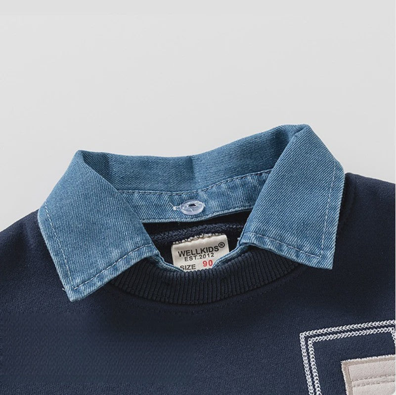 Warme Kinder Sweater met Denim Kraag en Patch Pocket - Herfst/Winter Collectie