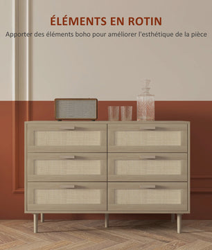 Stijlvolle Commode met 6 Lades en Rotan Fronten - Licht Hout Design - 110x40x75 cm