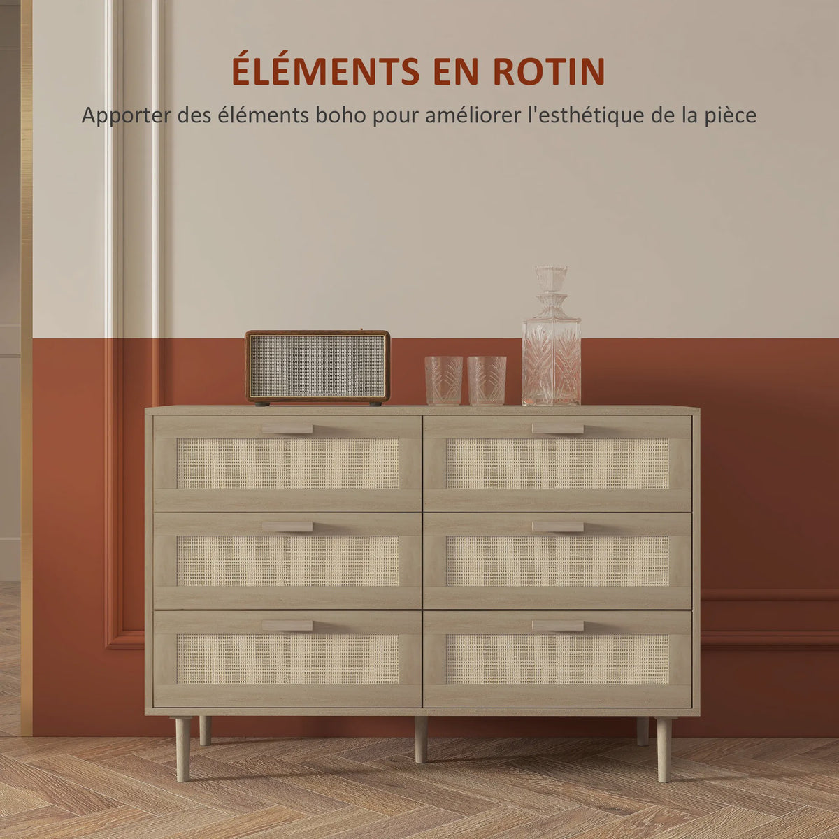 Stijlvolle Commode met 6 Lades en Rotan Fronten - Licht Hout Design - 110x40x75 cm