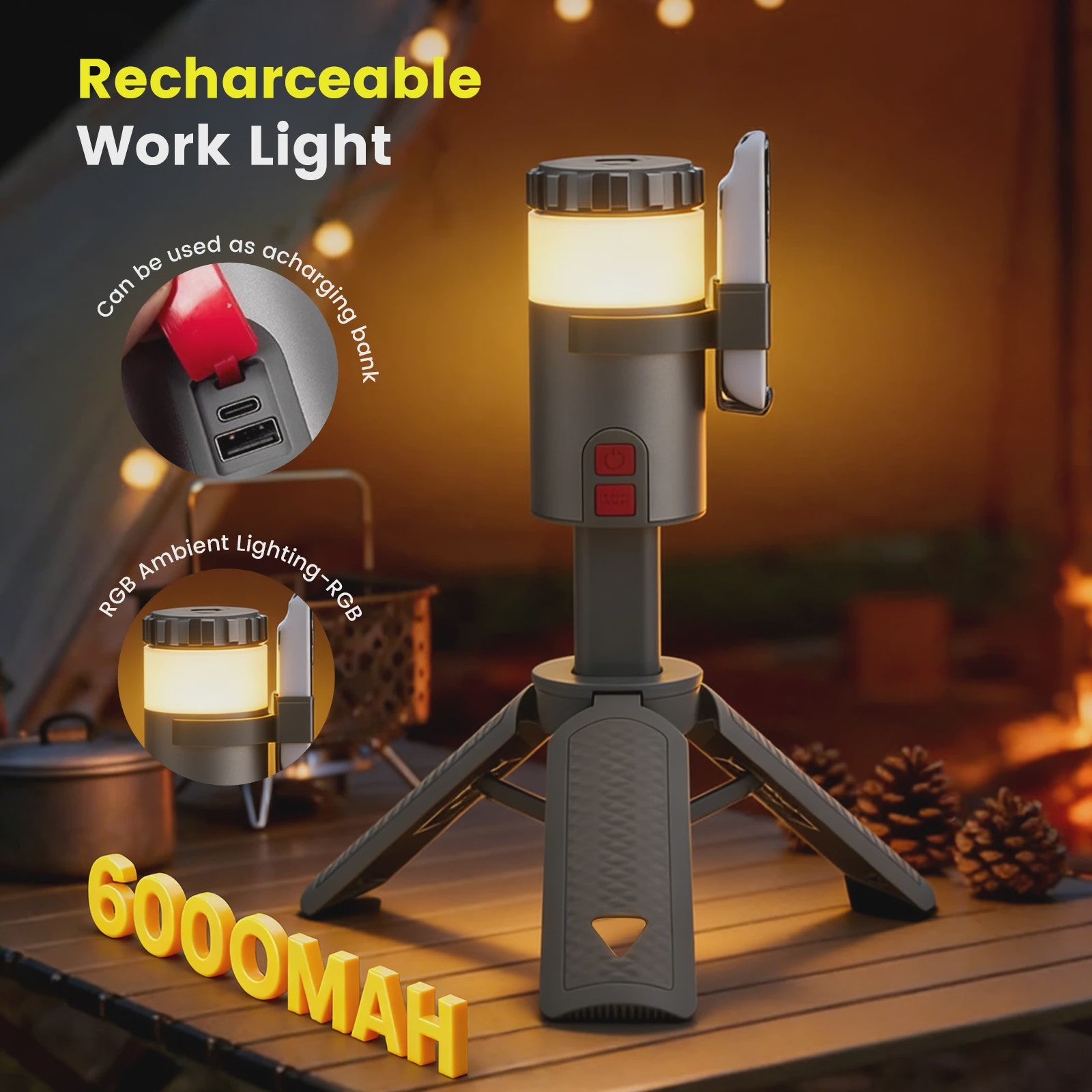 Telescopische Oplaadbare Campinglamp met Statief - LED Spotlight & Tafellamp met 4 Modi