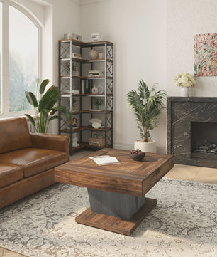 Moderne Vierkante Salontafel 80cm - Rustiek Bruin & Zwart Houten Middentafel