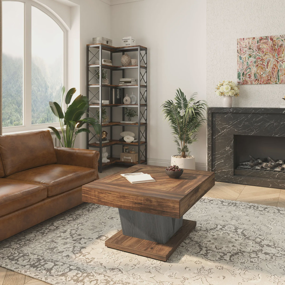 Moderne Vierkante Salontafel 80cm - Rustiek Bruin & Zwart Houten Middentafel