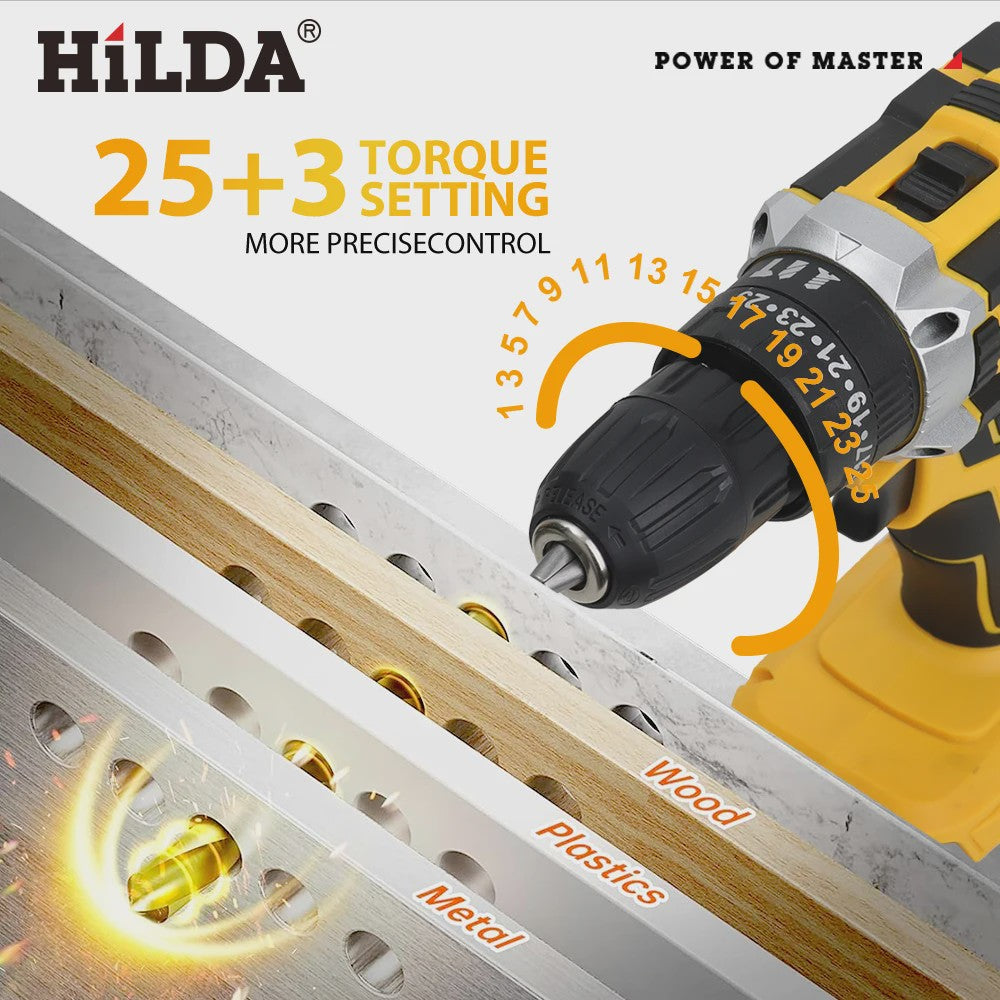 HILDA 21V Accu Schroefmachine met Klopboorfunctie - 25+3 Draaimomenten & 2 Versnellingen