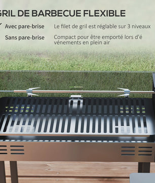 Outsunny Kolen BBQ met 3-traps Grillrooster, Inklapbare Zijtafels en Rotisserie - 118x32x90 cm Zwart