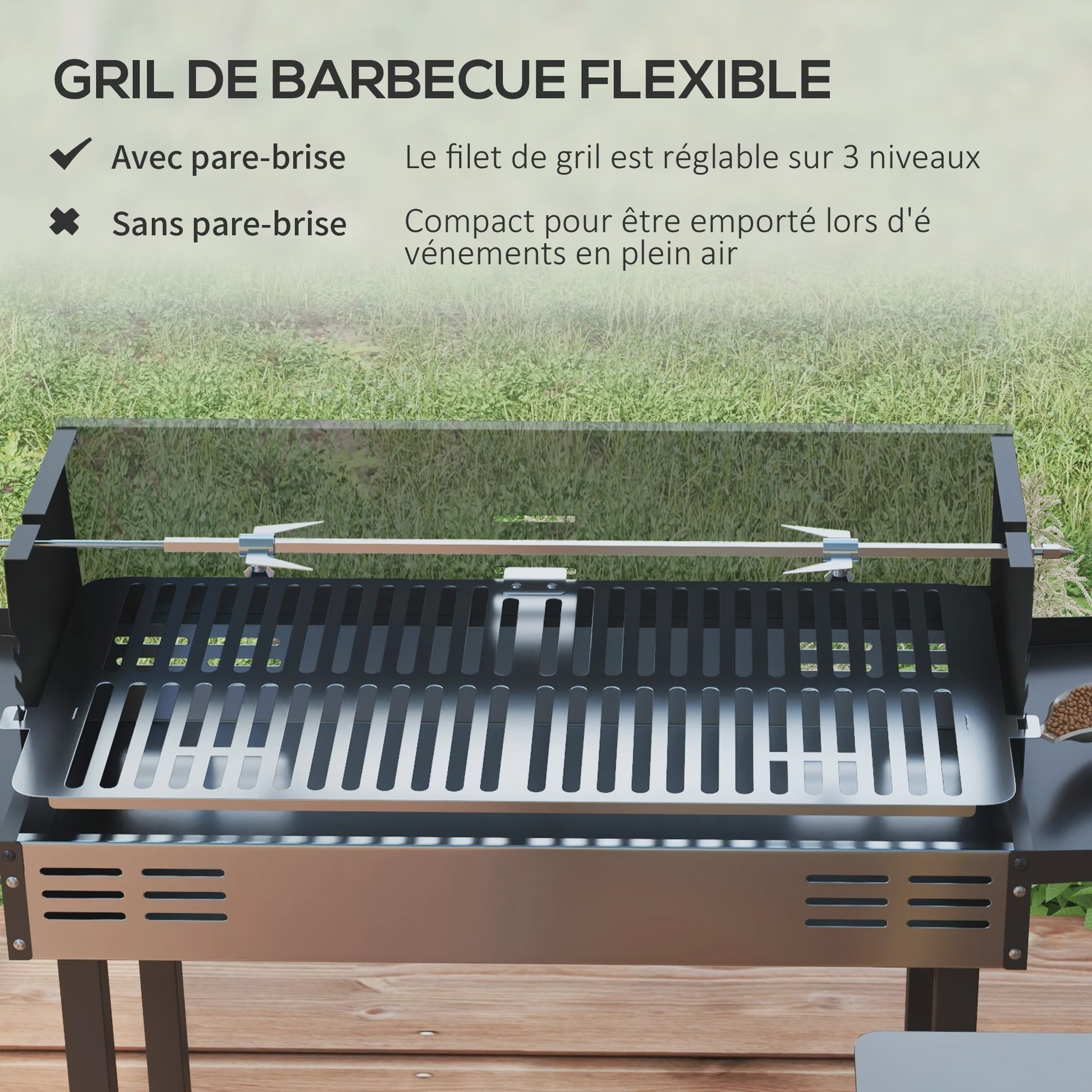 Outsunny Kolen BBQ met 3-traps Grillrooster, Inklapbare Zijtafels en Rotisserie - 118x32x90 cm Zwart