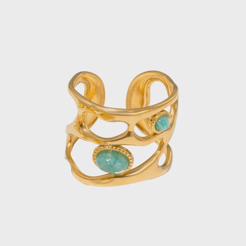 Bohemian Ringen met Natuursteen (Turquoise & Malachiet) - Goudkleurig Staal