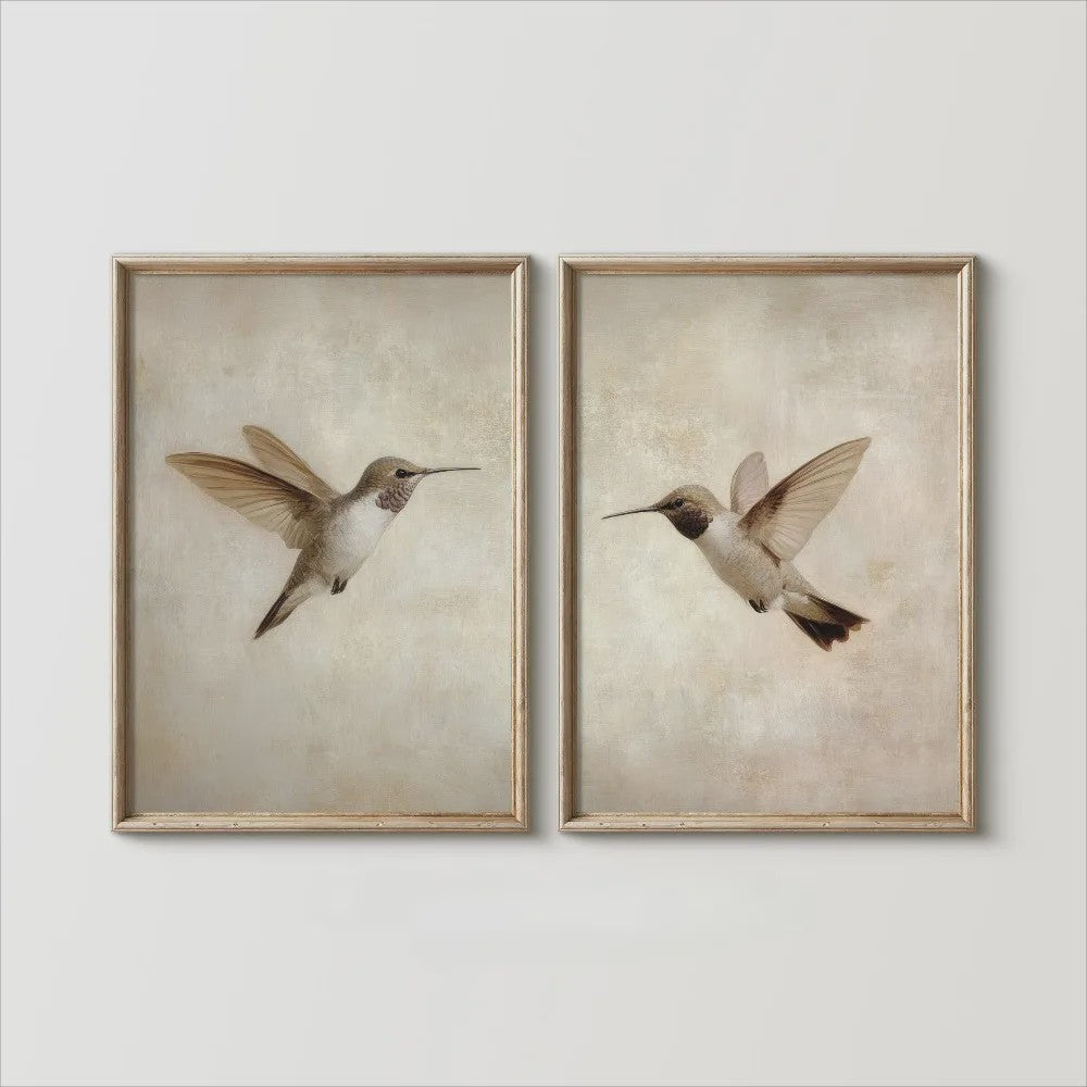Set van 2 Frameloze Retro Kolibrie Canvas Posters - Landelijke Stijl Wanddecoratie