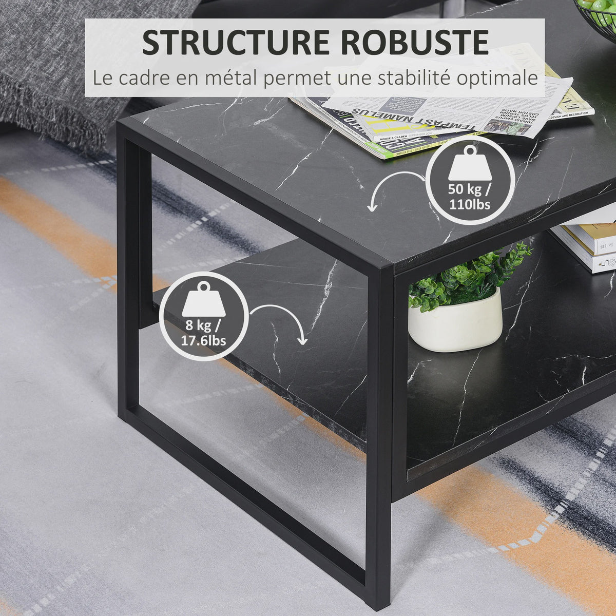 HOMCOM Salontafel met 2 etages, Modern Design, Zwart Marmerlook, 106x50x47 cm