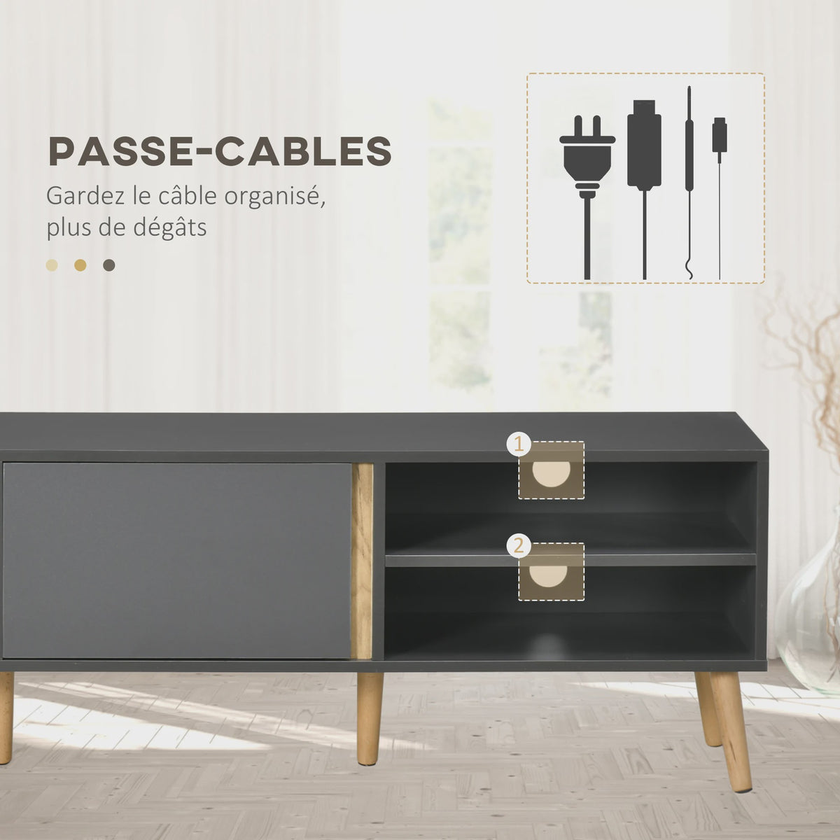 Scandinavische TV-meubel Donkergrijs - 150cm - 2 Deuren & Open Niche - Kabeldoorvoer - Tot 55 inch