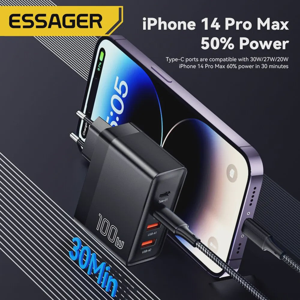Essager 100W GaN Snellader USB-C PD QC 4.0 3.0 voor iPhone, Xiaomi, Macbook