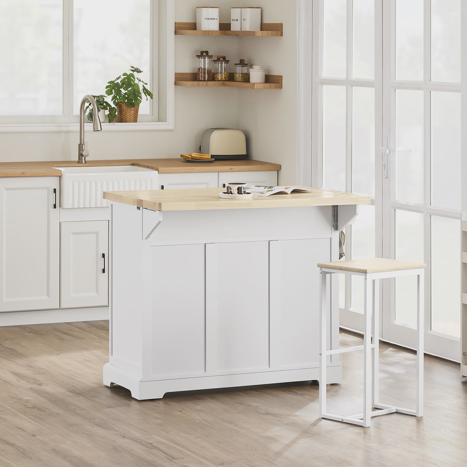 Keuken Eiland met Uittrekbaar Werkblad, Lades en Opbergruimte - Wit/Houtkleur