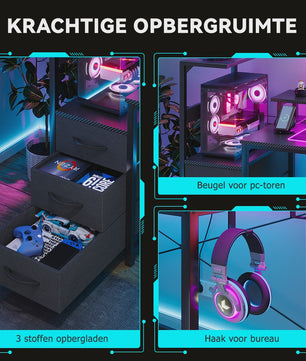 Gaming Bureau met LED Verlichting, Stopcontacten en Opbergvakken - 148x48x148 cm
