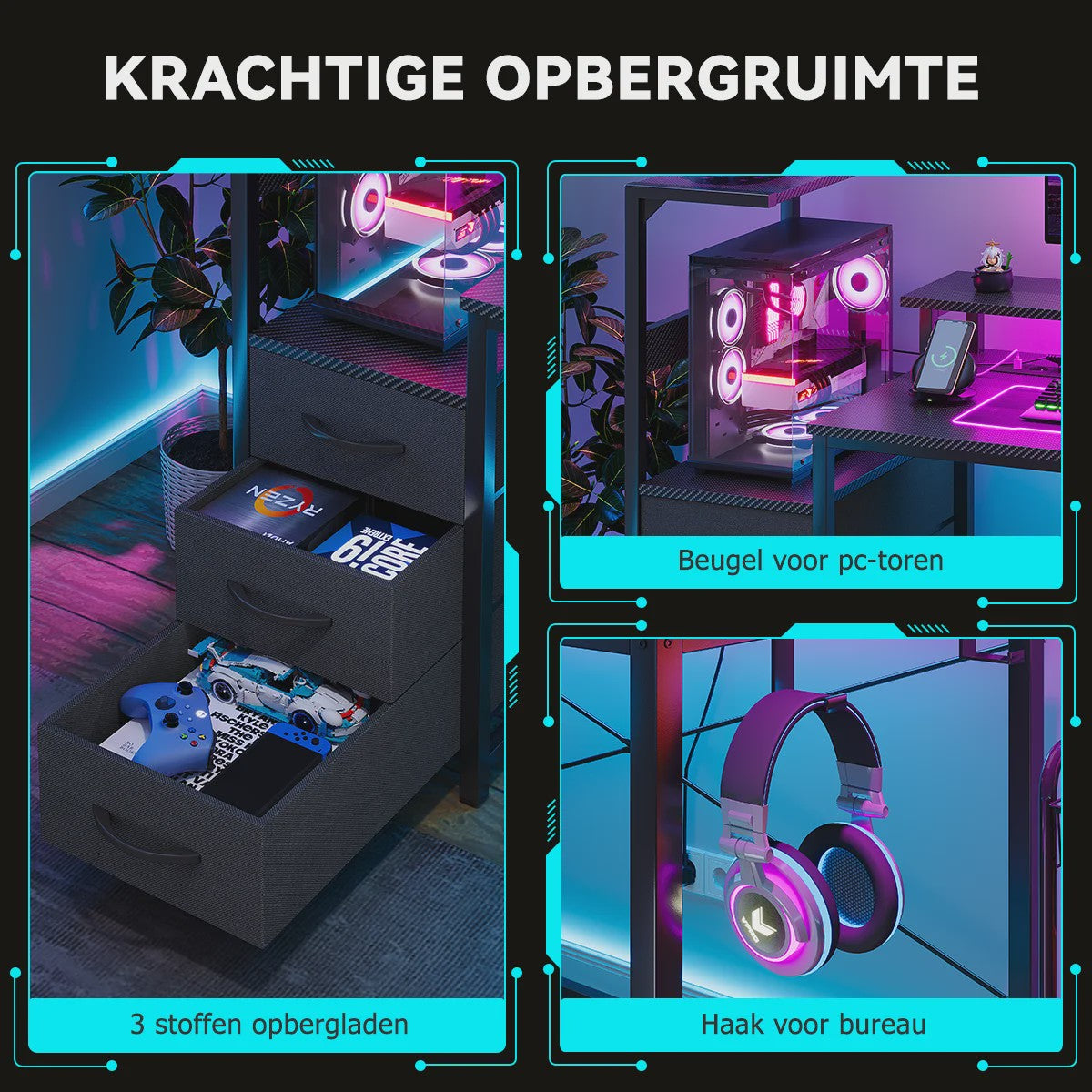 Gaming Bureau met LED Verlichting, Stopcontacten en Opbergvakken - 148x48x148 cm