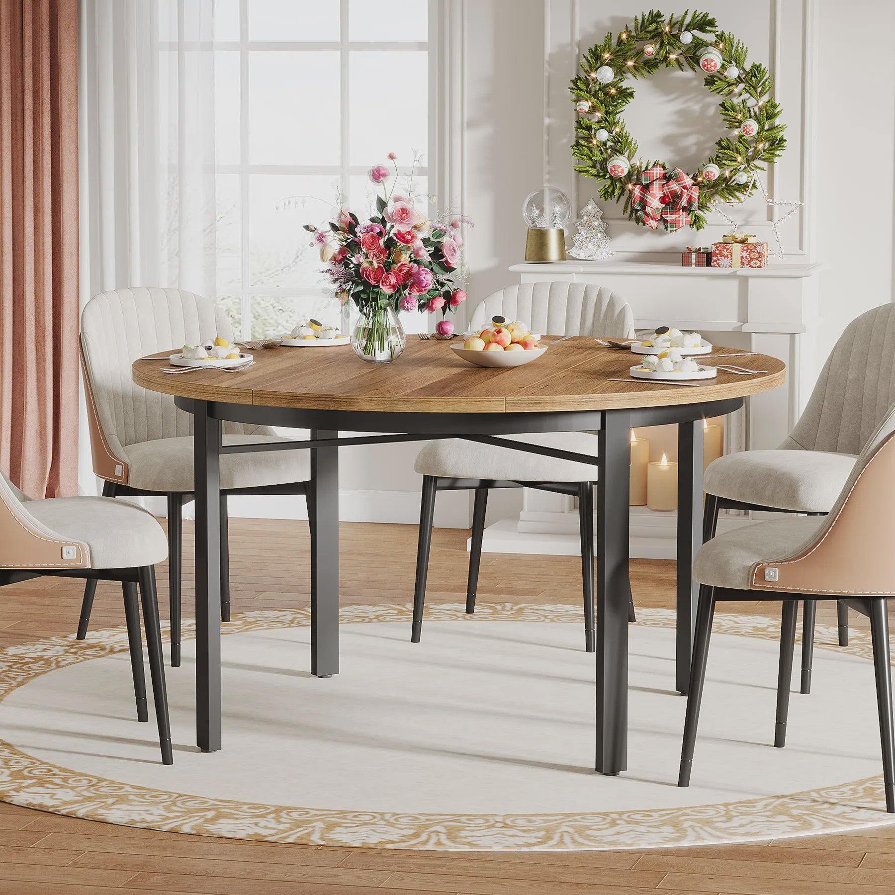 Ronde Eettafel 118cm - Rustiek Bruin & Zwart - Farmhouse Keukentafel met Metalen Poten
