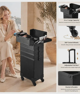 Professionele Make-up Koffer met Aluminium Frame - 5-in-1 Organisatie & 360° Wielen