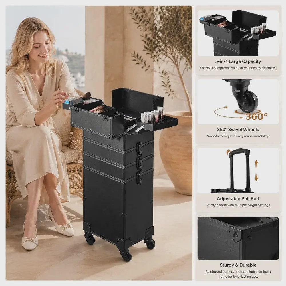 Professionele Make-up Koffer met Aluminium Frame - 5-in-1 Organisatie & 360° Wielen