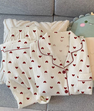 Dames Pyjama Set met Hartjesprint - Comfortabele Loungewear voor Lente & Herfst