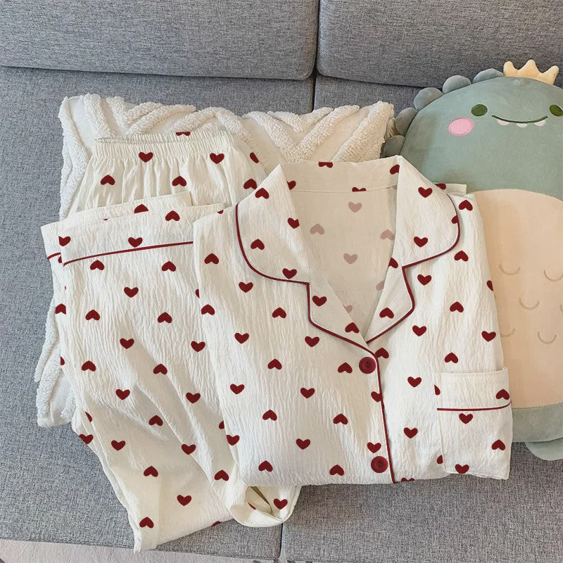 Dames Pyjama Set met Hartjesprint - Comfortabele Loungewear voor Lente & Herfst