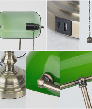 Groene Bankierslamp met 2 USB-poorten en Messing Voet - Klassiek Design, Moderne Functionaliteit
