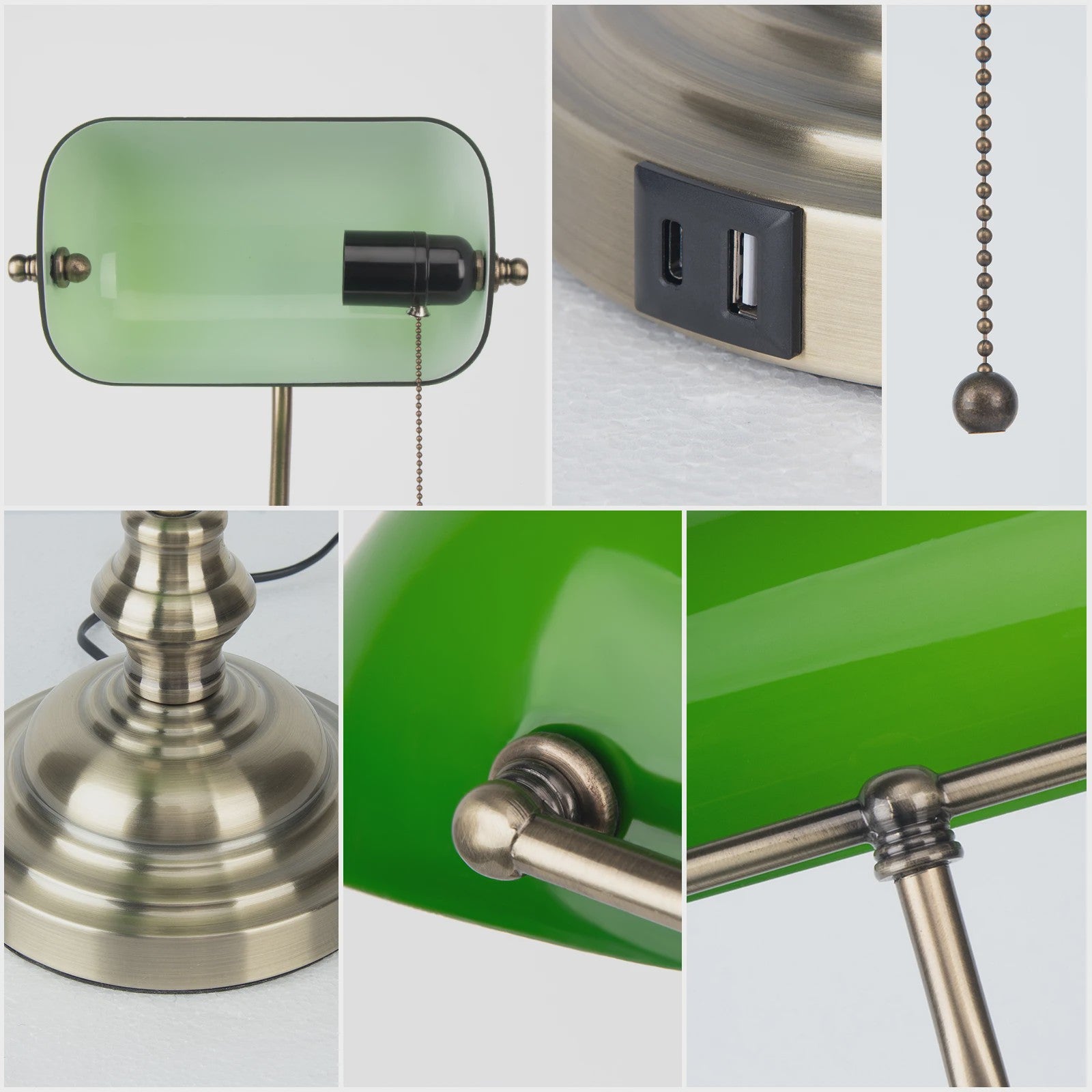 Groene Bankierslamp met 2 USB-poorten en Messing Voet - Klassiek Design, Moderne Functionaliteit