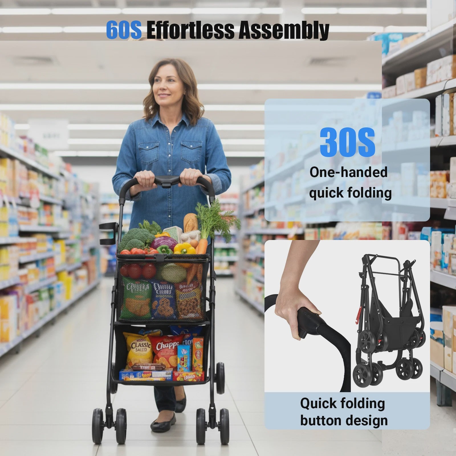 Folding Shopping Trolley with 2-Tier Storage, Multi Use Grocery Carts with 360° Wheels & Removable Tote Bag for Shopping Laundry