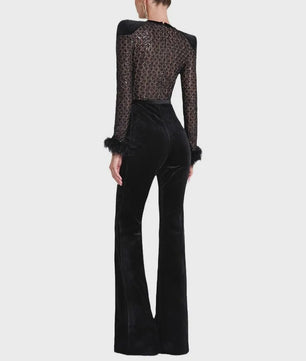 Elegante Dames Jumpsuit met Fluweel en Pailletten - Lange Mouwen & Flared Broek