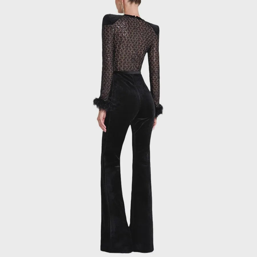 Elegante Dames Jumpsuit met Fluweel en Pailletten - Lange Mouwen & Flared Broek