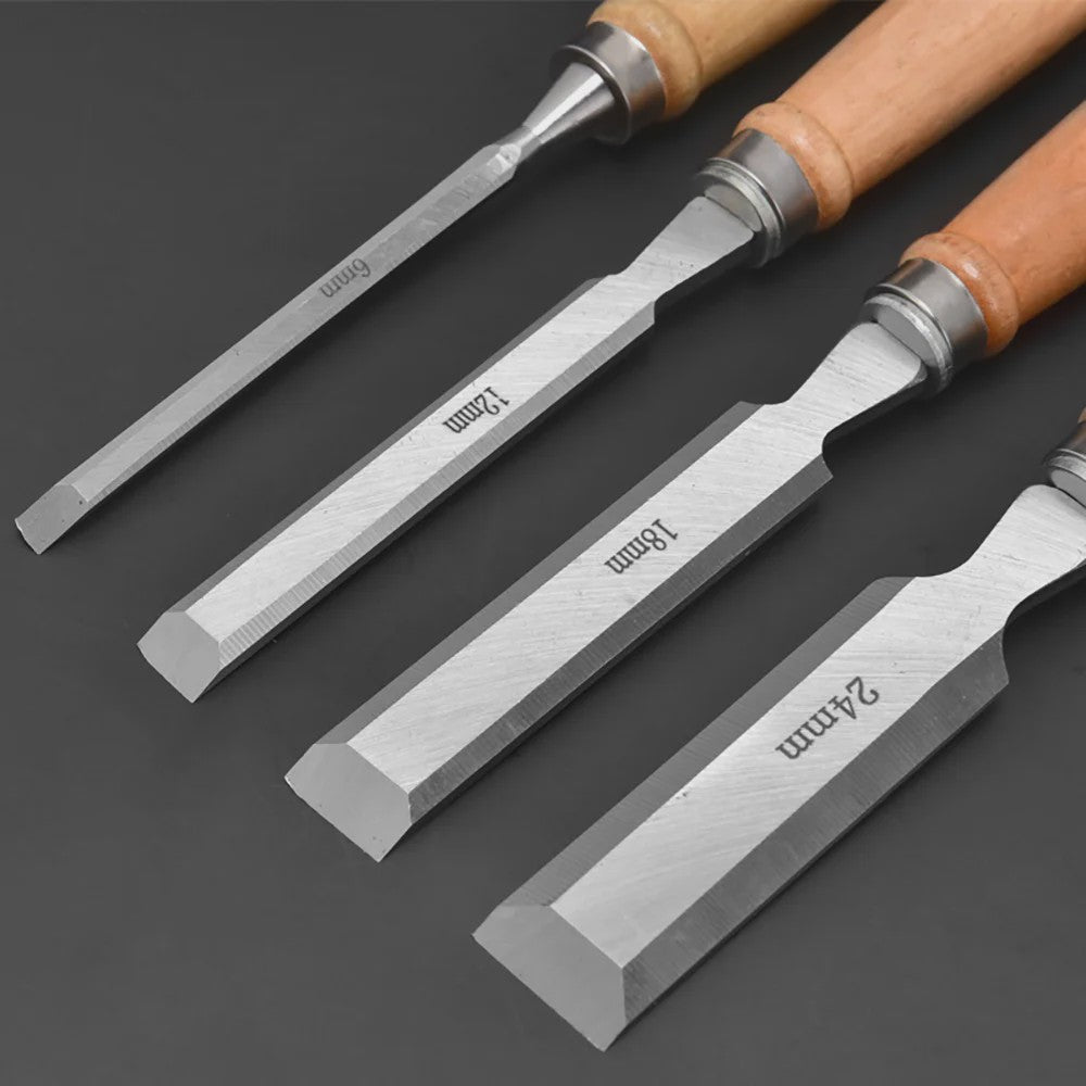 Professionele Houtsnijbeitel Set (4 stuks) - 6/12/18/24mm, Chroom-Vanadium Staal met Beukenhouten Handvatten