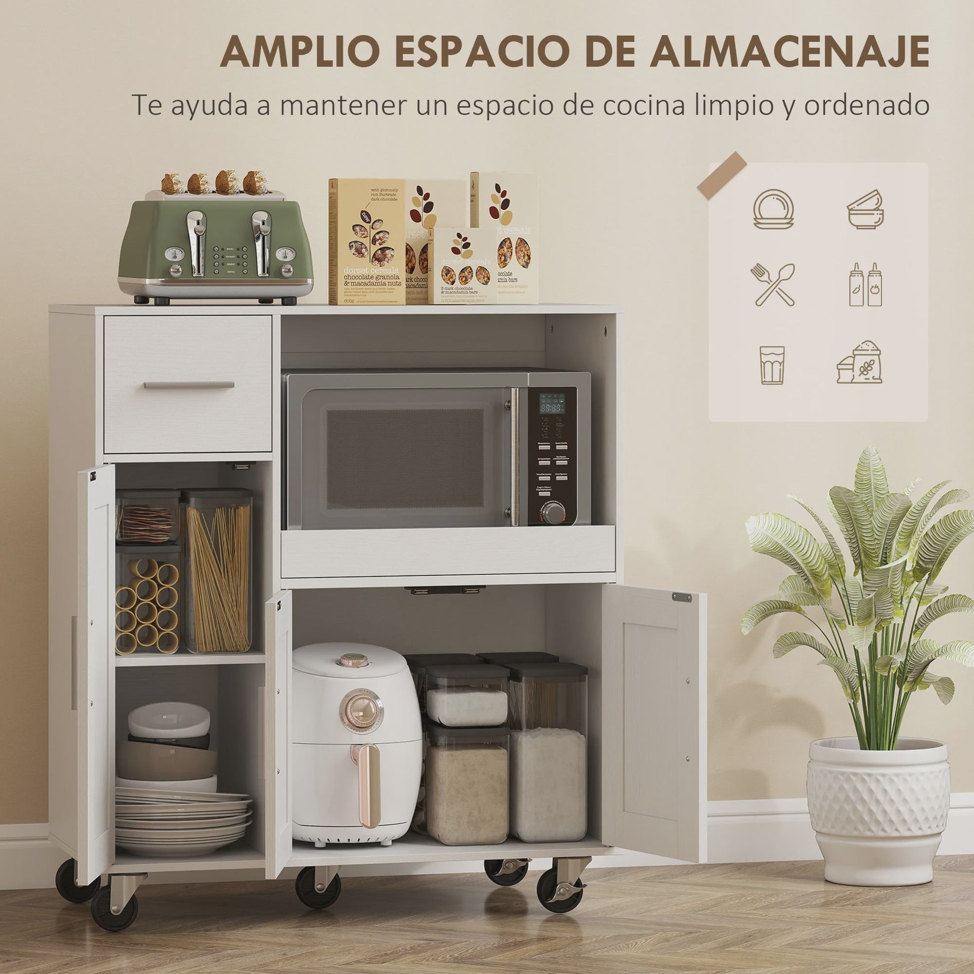 Keuken Hulpmeubel met Wielen en Uittrekbare Tray - Wit