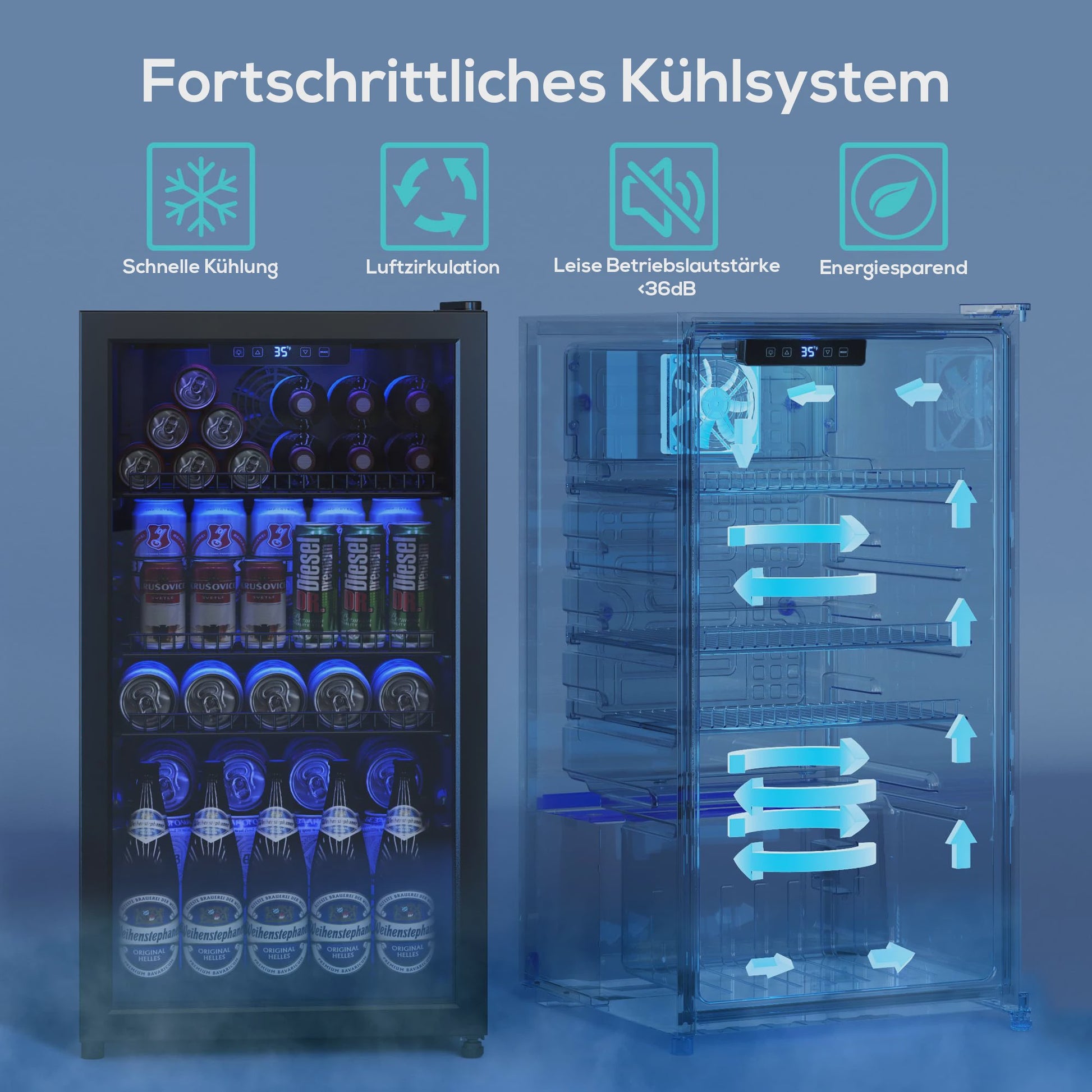 90L Drankenkoelkast met Dubbel Glas, LED Verlichting en 128 Blikjes Capaciteit - Energieklasse C