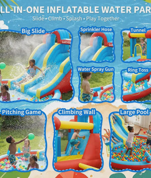 Garvee Kinder Springkussen met Waterglijbaan en Waterpistool - Groot Opblaasbaar Speelparadijs