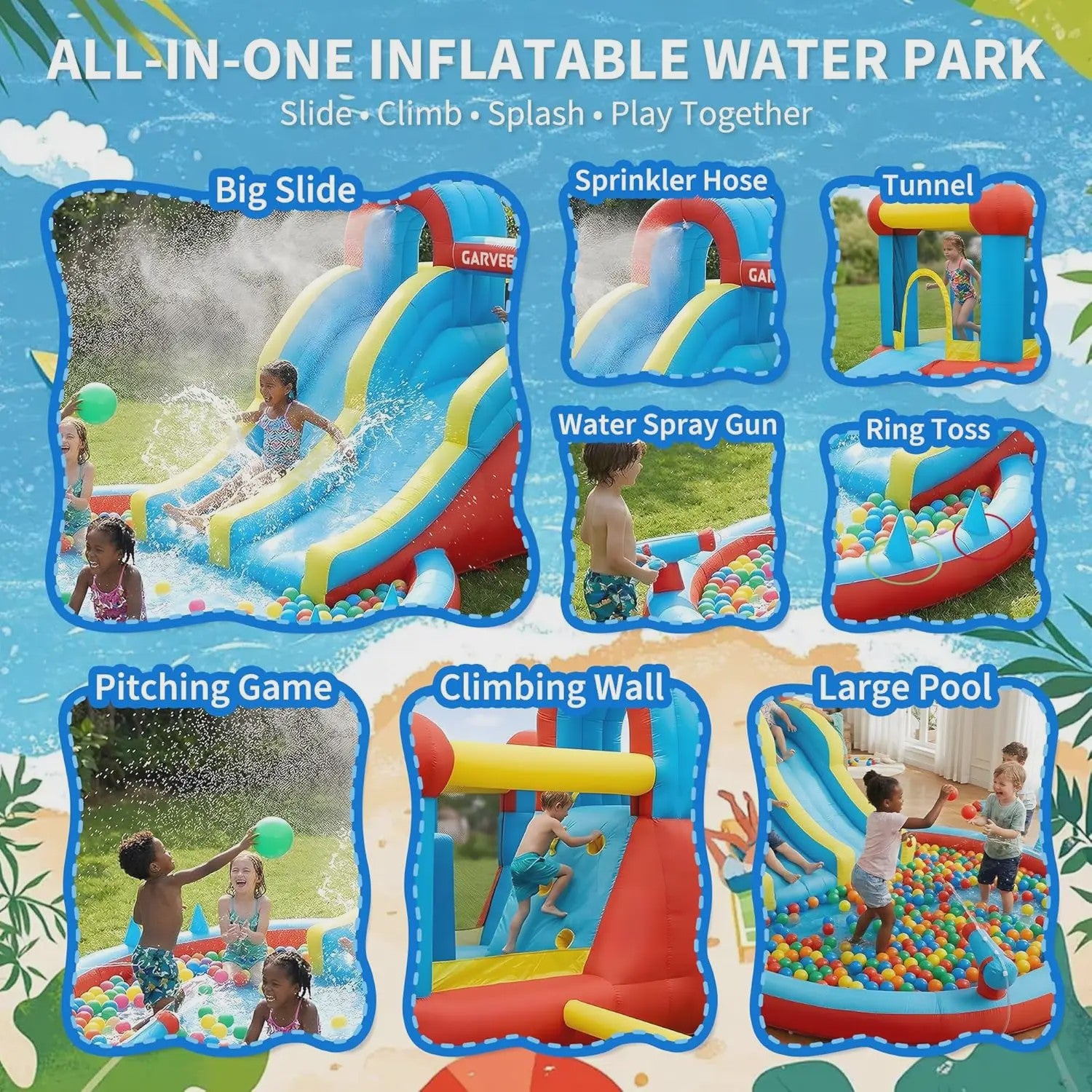 Garvee Kinder Springkussen met Waterglijbaan en Waterpistool - Groot Opblaasbaar Speelparadijs
