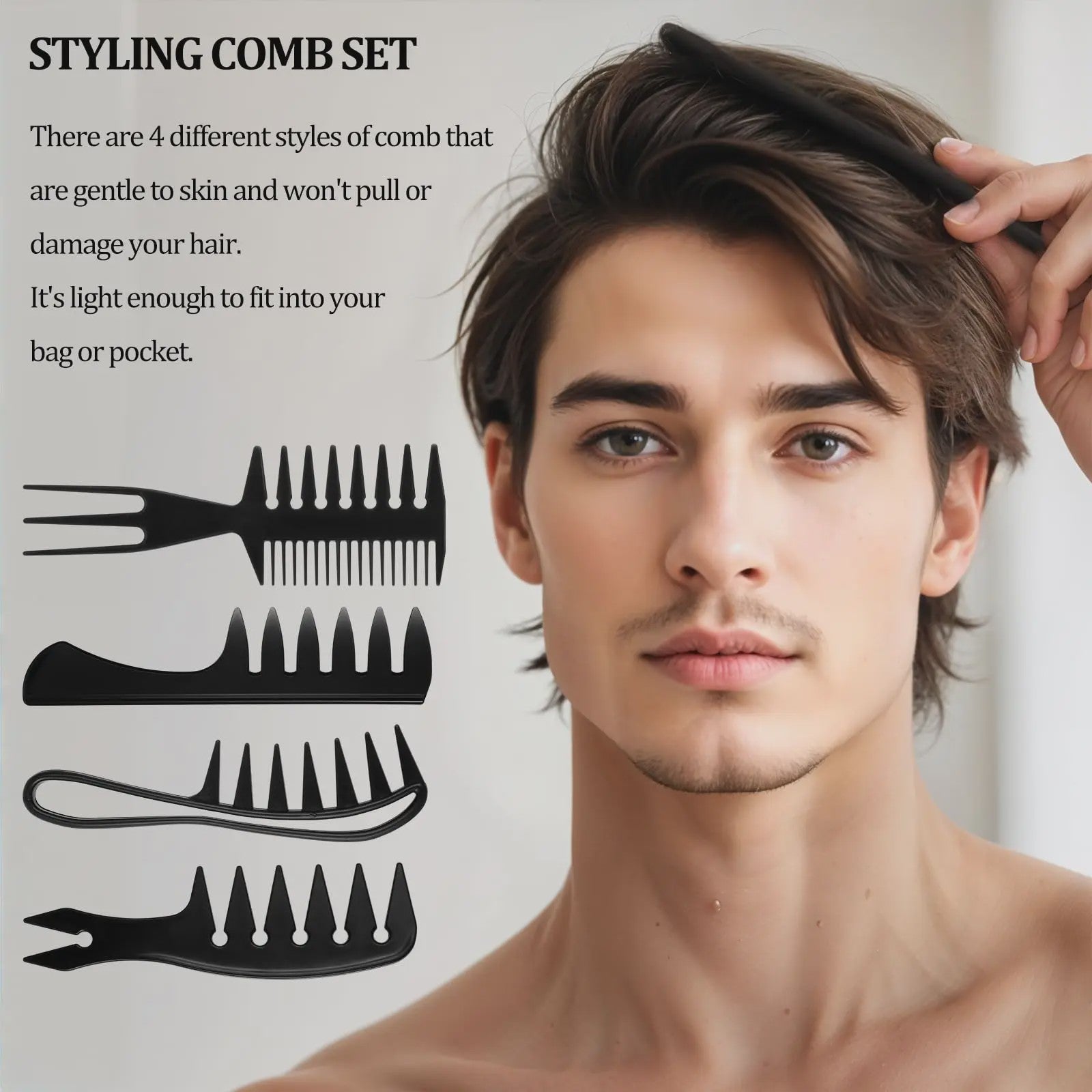 4-delige Heren Styling Kam Set - Brede Tanden, Anti-statisch voor Perfect Haar