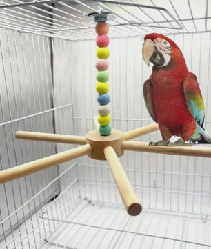 Grote Houten Vogelzitstok met Kleurrijke Kralen en Windmolen - Speelparadijs voor Papegaaien