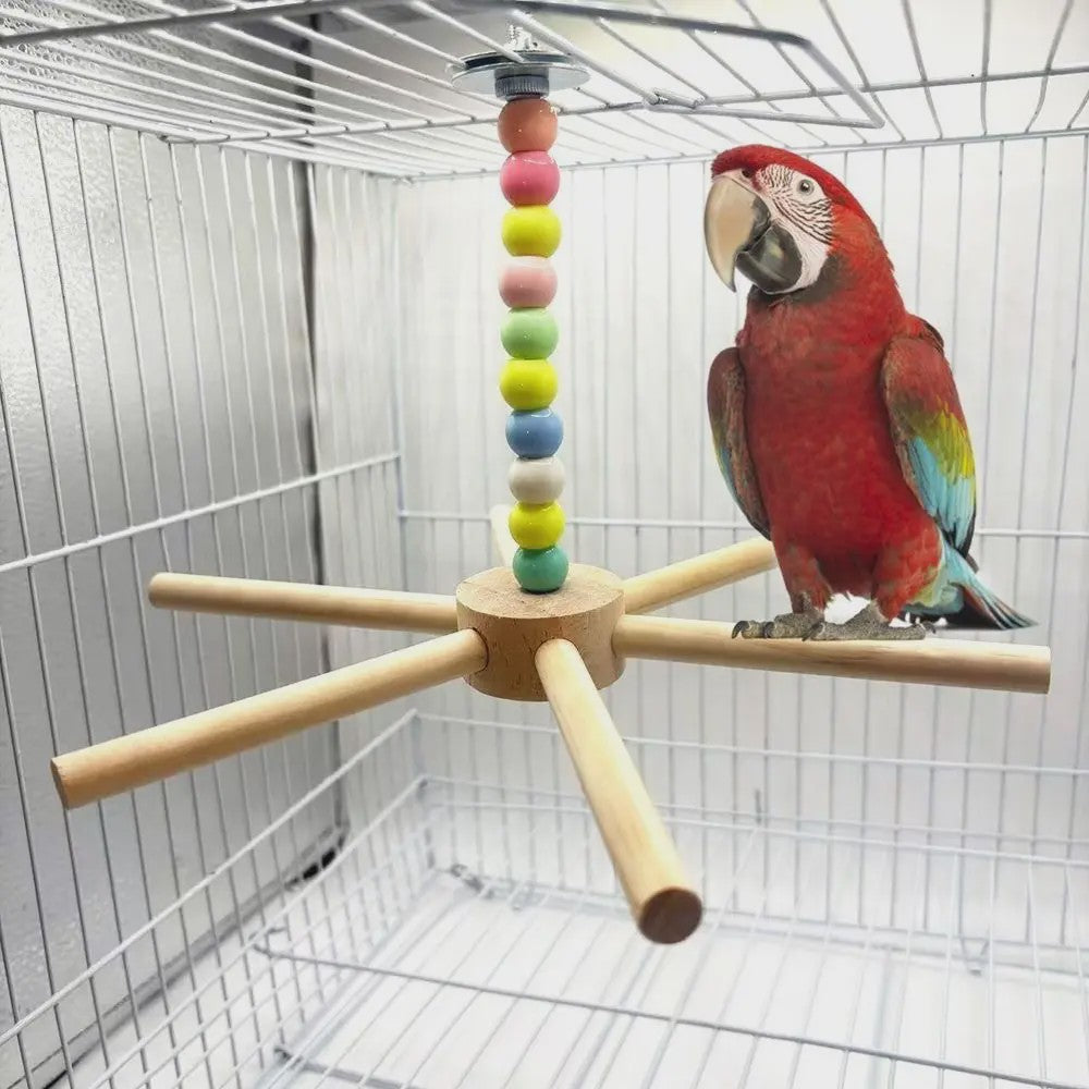 Grote Houten Vogelzitstok met Kleurrijke Kralen en Windmolen - Speelparadijs voor Papegaaien