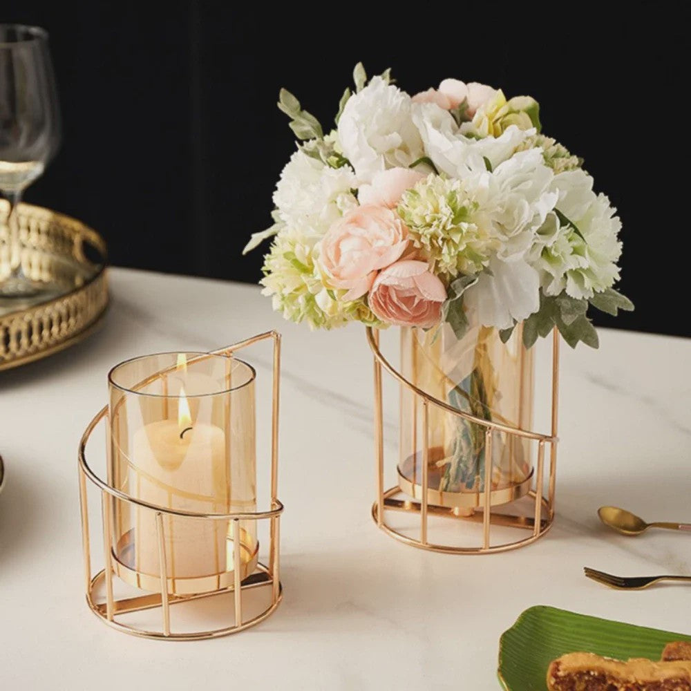 Luxe Metalen Kaarsenhouder met Glazen Cilinder - Geometrisch Draadframe