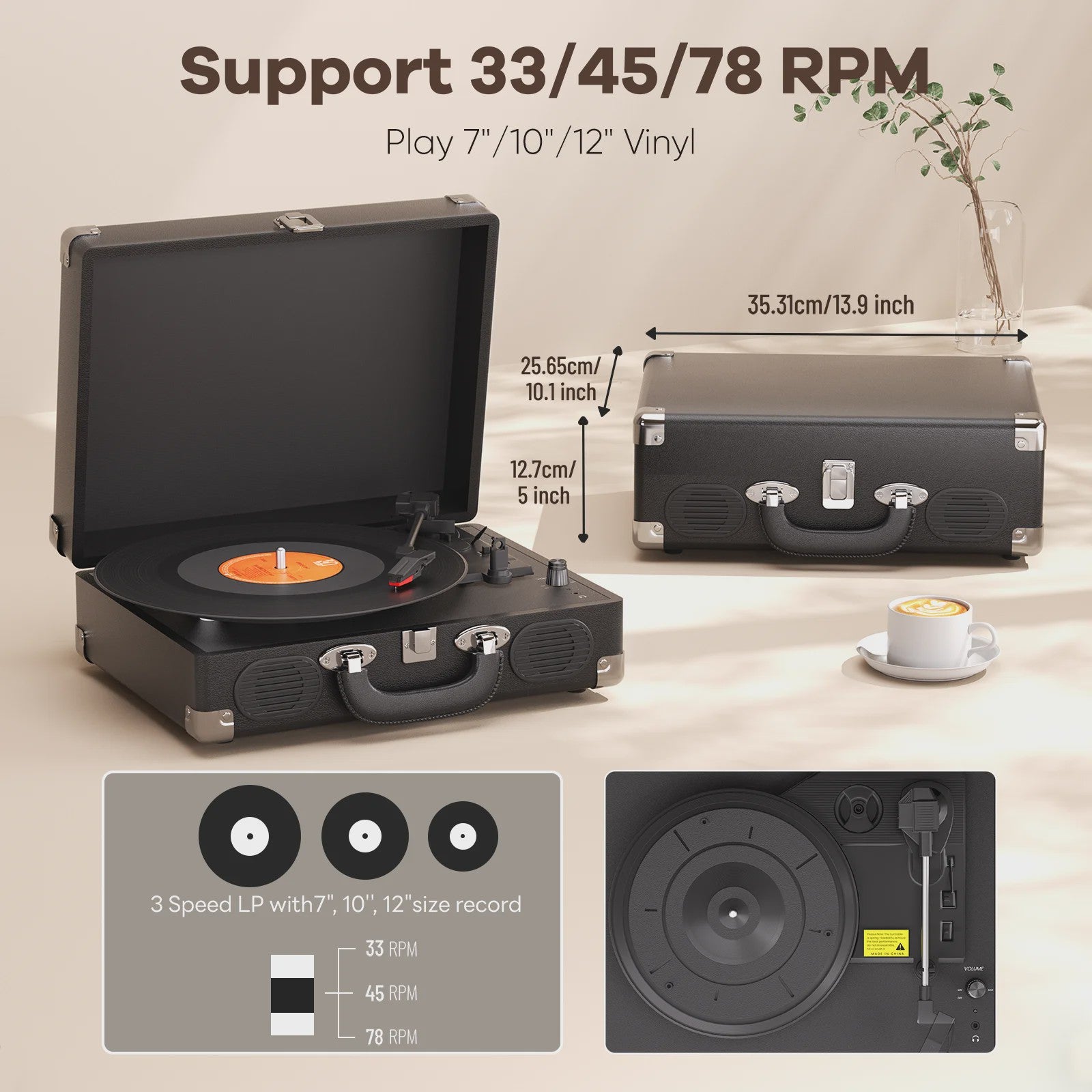 Maio S100 Vintage Platenspeler - Belt-Driven, 3 Snelheden, Ingebouwde Stereo Speakers