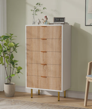 Ladekast met 5 Laden - Witte Commode met Naturel Houtstructuur, Gouden Handgrepen & Soft-Close