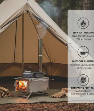 80-Inch RVS Camping Houtkachel met 8 Pijpen - Draagbaar & Efficiënt voor Buiten Koken & Verwarming