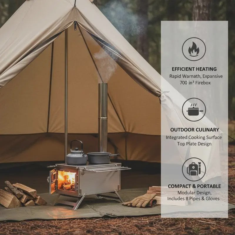 80-Inch RVS Camping Houtkachel met 8 Pijpen - Draagbaar & Efficiënt voor Buiten Koken & Verwarming