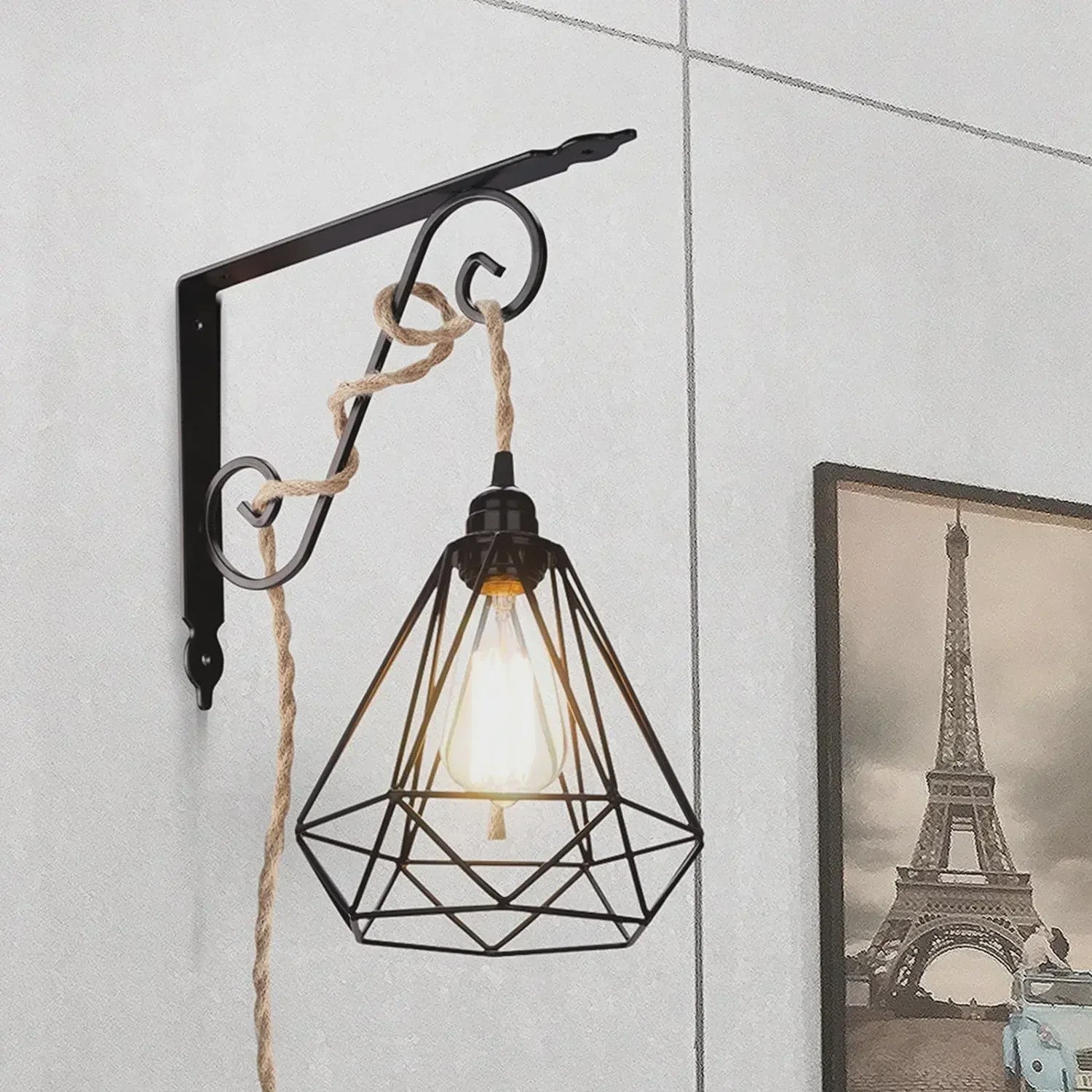 Industriële Hanglamp met Hennep Touw Kabel - E27 Fitting & Schakelaar