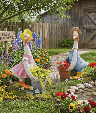 Vrolijke Cartoon Eend Tuinbeeld met Planter - 36.5 cm Hars Ornament