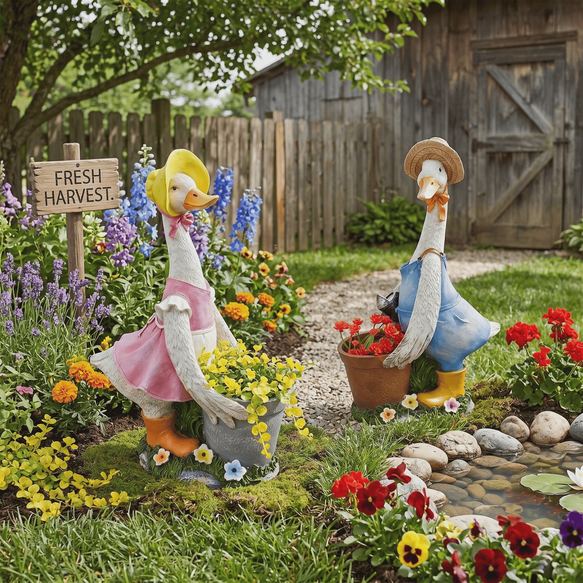 Vrolijke Cartoon Eend Tuinbeeld met Planter - 36.5 cm Hars Ornament