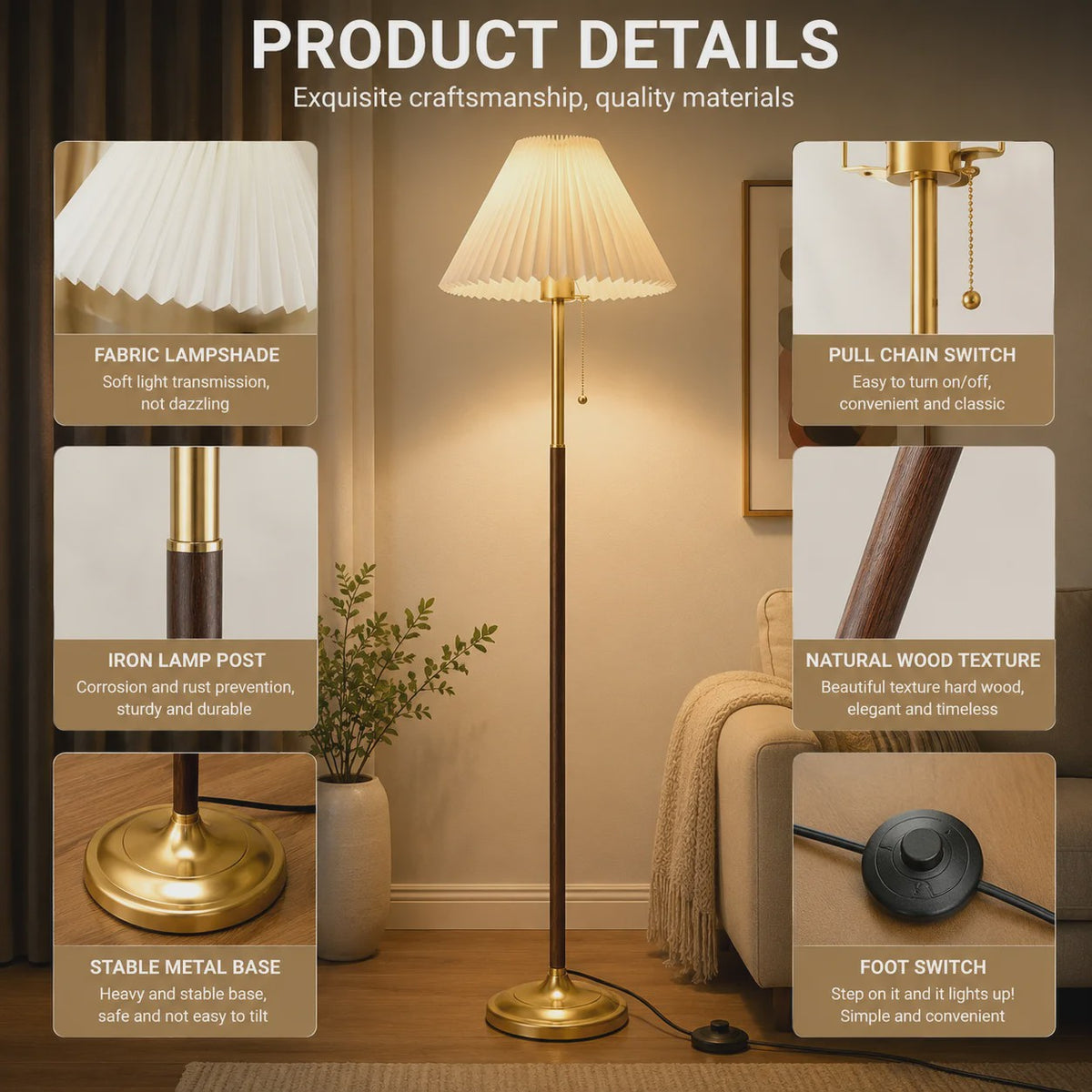 Moderne Plissé Stoffen Vloerlamp met 3 Kleurtemperaturen & Voetschakelaar | Sfeerverlichting voor Woonkamer, Slaapkamer, Kantoor