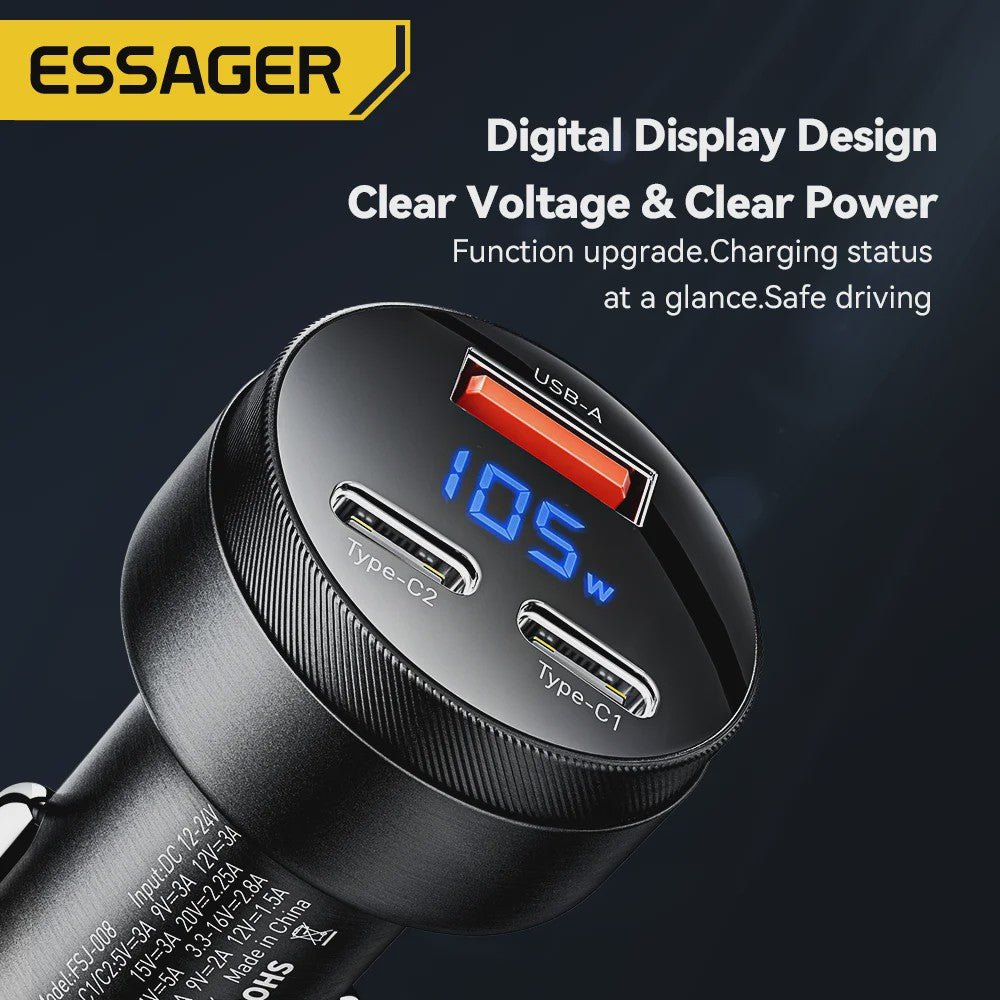 Essager 105W Auto Oplader: Snelladen met USB-C, QC4.0, PD & PPS voor iPhone, Samsung, Xiaomi