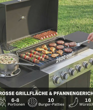 RVS Gas BBQ Grill Cart met 6+1 Branders, Zijbrander, Wielen & Thermometer