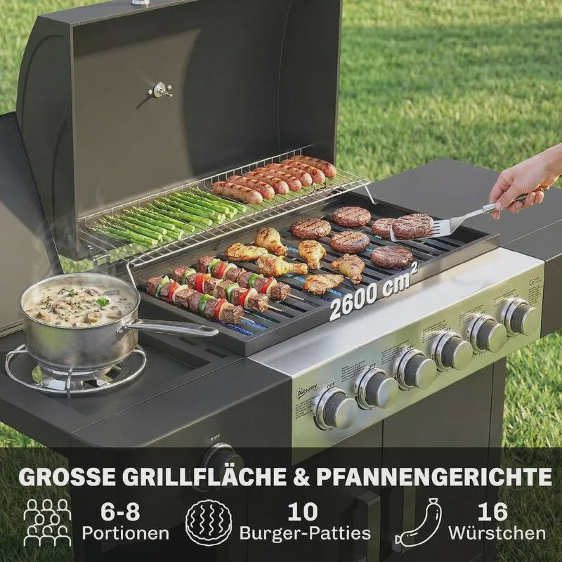 RVS Gas BBQ Grill Cart met 6+1 Branders, Zijbrander, Wielen & Thermometer