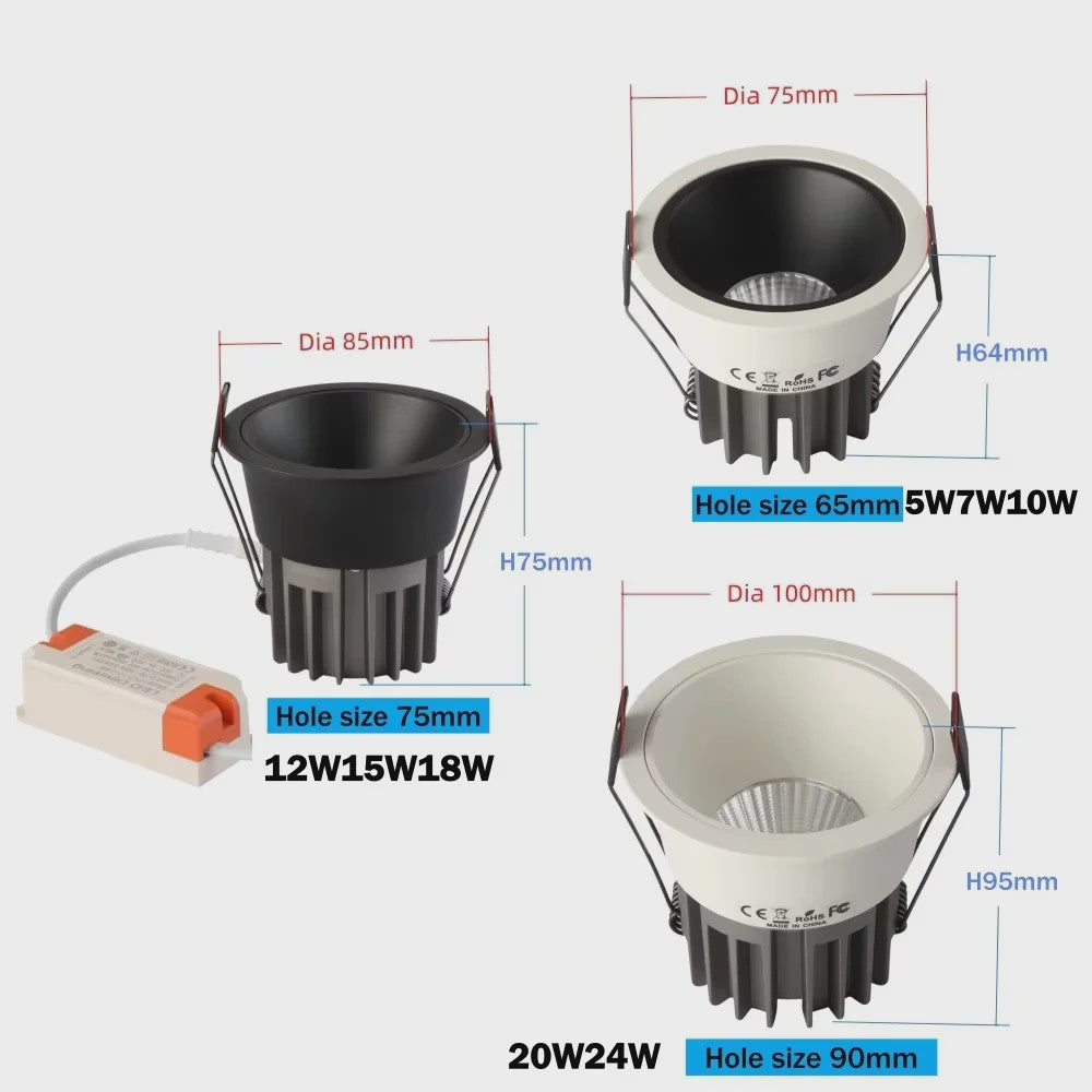 Dimbare LED Downlighter Inbouwspot Aluminium COB 110V/220V - Diverse Maten