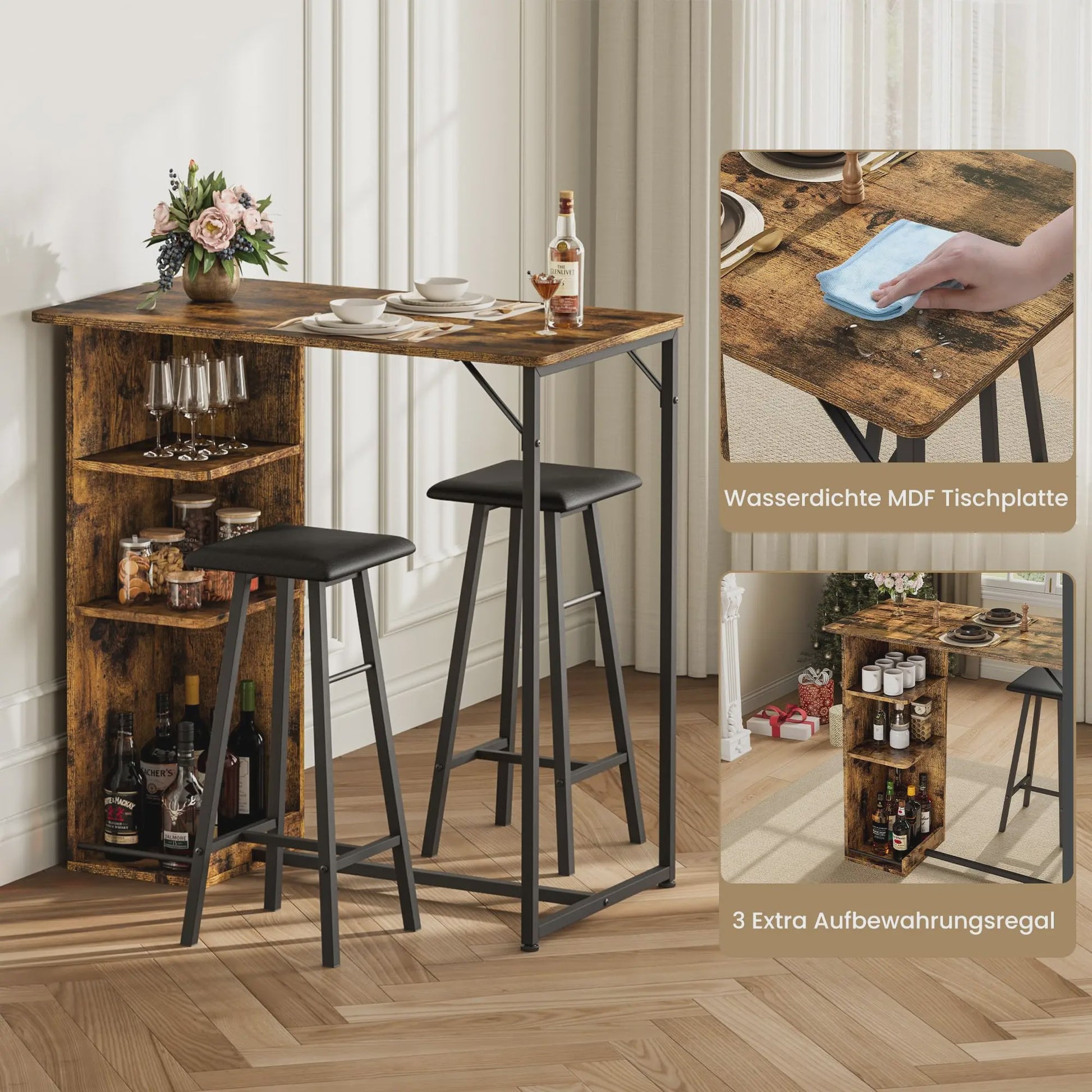 3-delige Bartafel Set met 2 Krukken en Opbergruimte - Compact Keukenmeubel